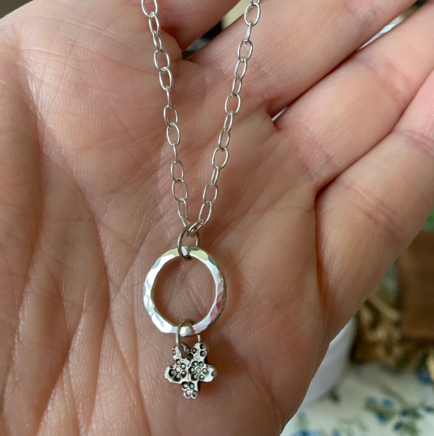 Sterling Silver Circle and Flower Pendant Necklace