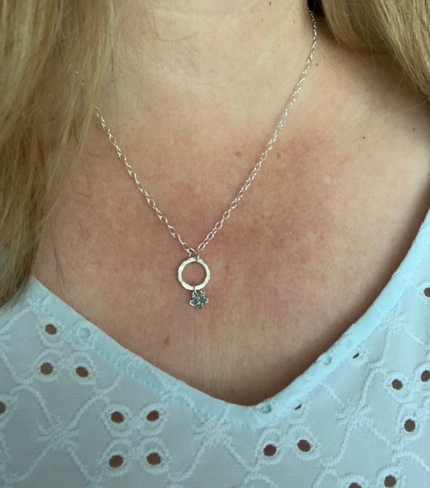 Sterling Silver Circle and Flower Pendant Necklace