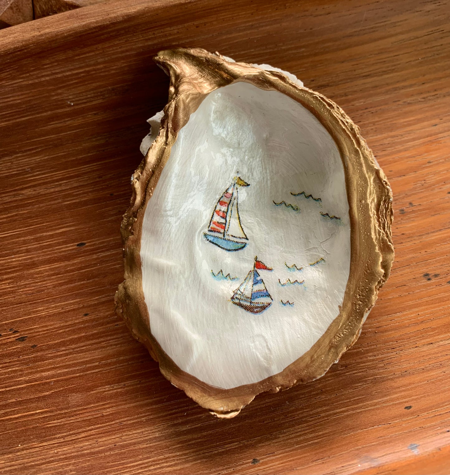 Decoupage Oyster Shell Dish: Sailboats