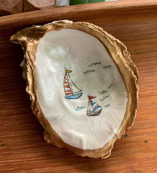 Decoupage Oyster Shell Dish: Sailboats