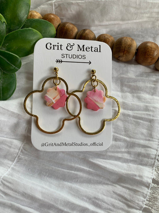 Pink and gold watercolor clover design earrings